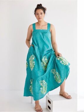 Anthropologie Felicity Turquoise Embroidered Cotton Maxi Dress Petite Resort LP